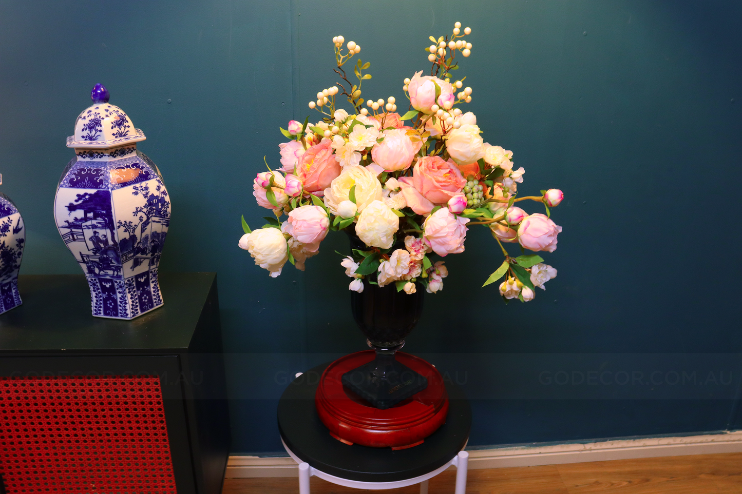 68CM Tall Arrangement Boutique Of Artificial Flower In Denim Glass Vase (ARBS7)