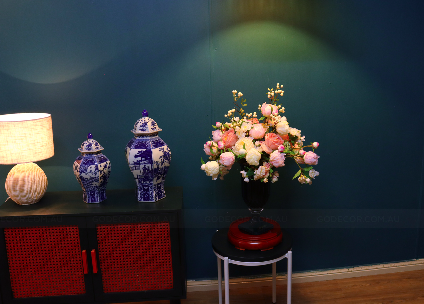 68CM Tall Arrangement Boutique Of Artificial Flower In Denim Glass Vase (ARBS7)
