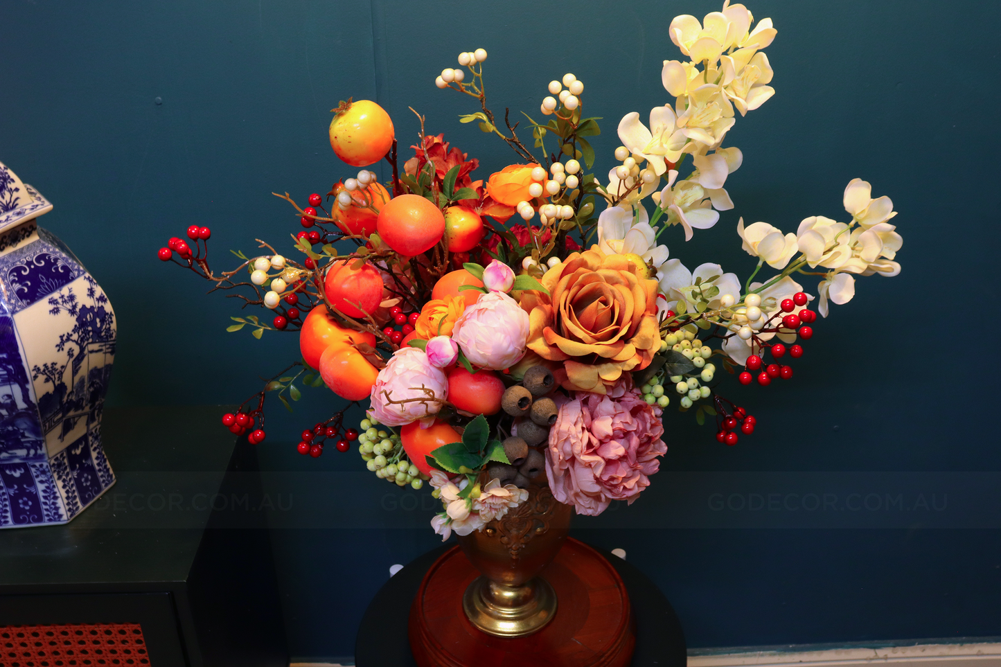 60CM Tall Arrangement Boutique Of Artificial Flower In Long Metal Vase (ARCA1)