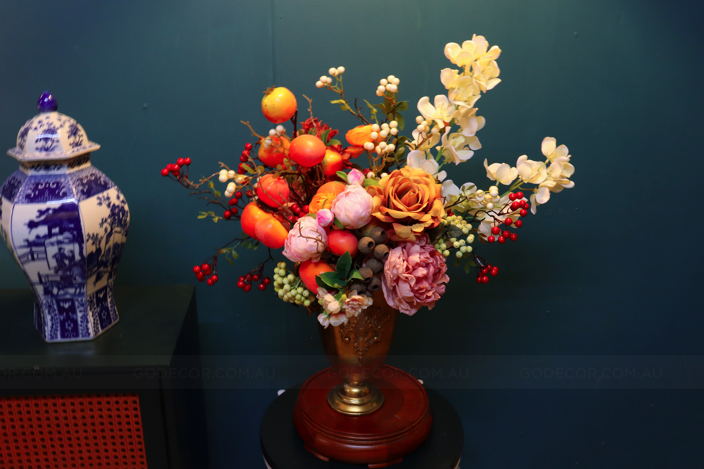 60CM Tall Arrangement Boutique Of Artificial Flower In Long Metal Vase (ARCA1)