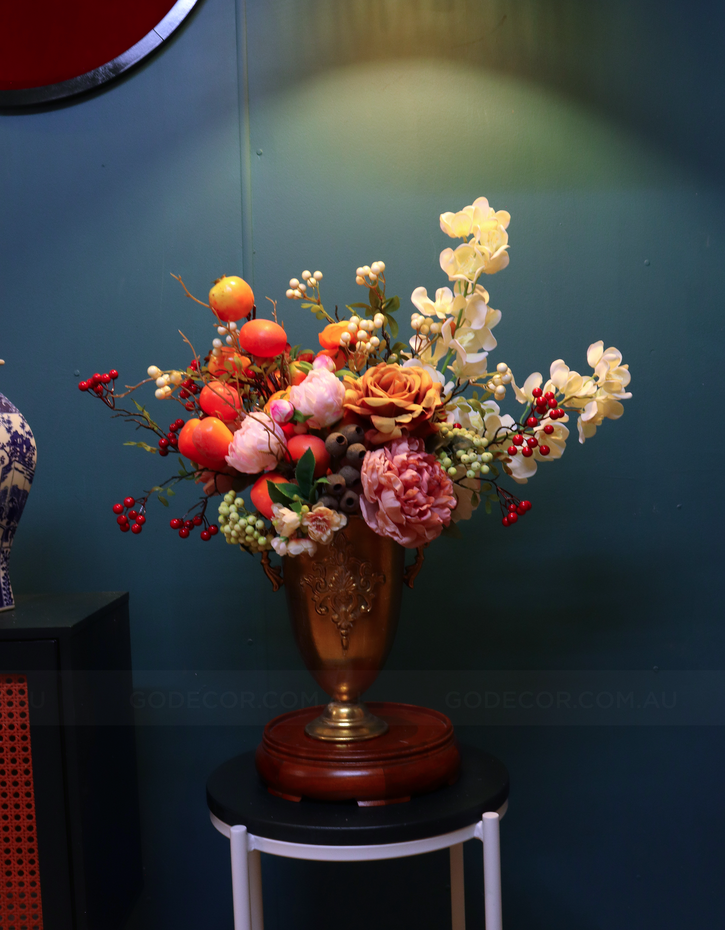 60CM Tall Arrangement Boutique Of Artificial Flower In Long Metal Vase (ARCA1)
