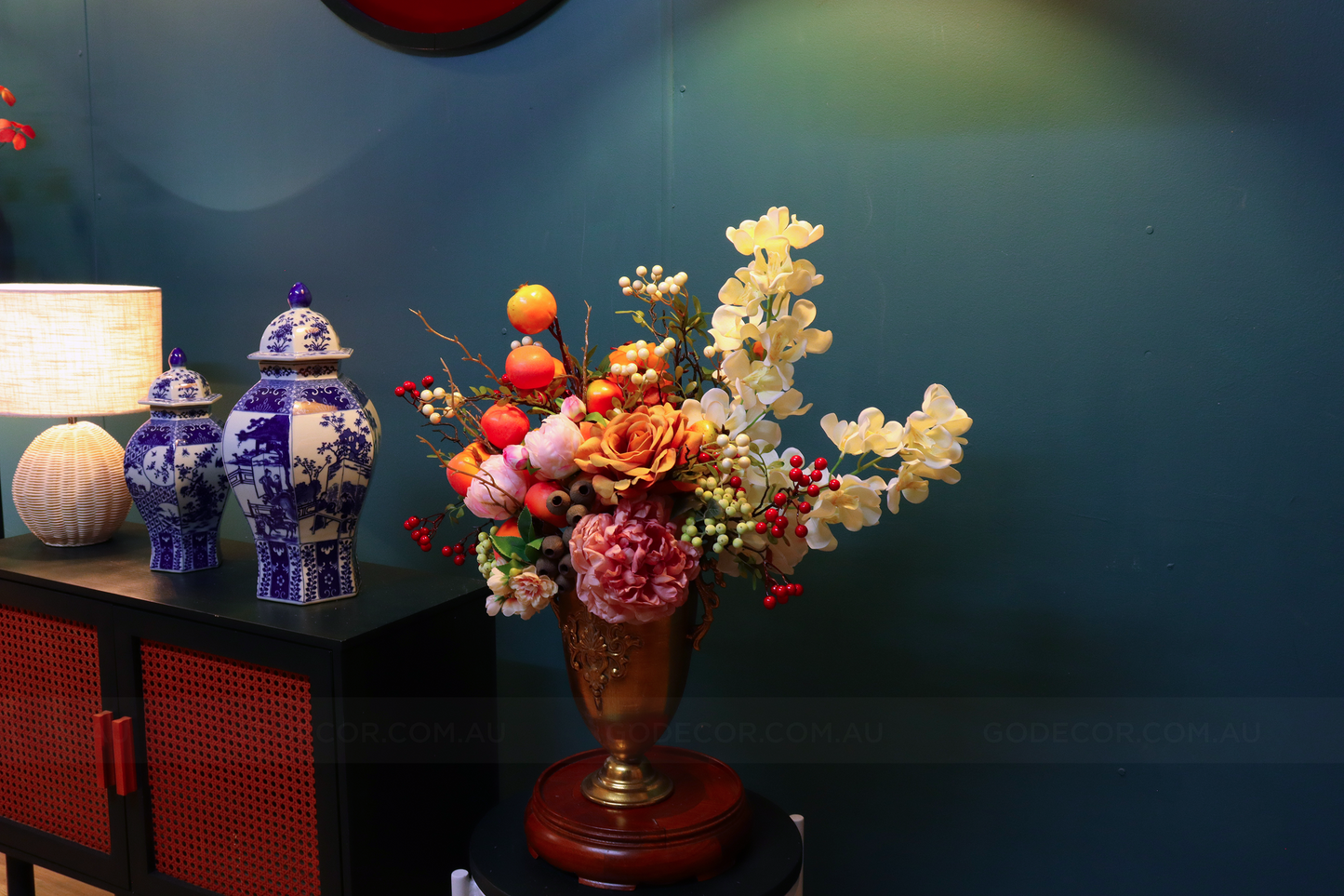 60CM Tall Arrangement Boutique Of Artificial Flower In Long Metal Vase (ARCA1)