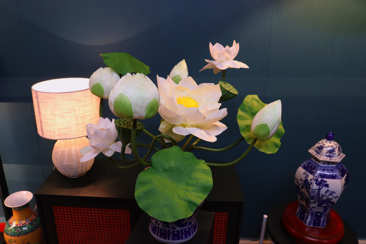 54CM Tall Artificial Flower Arrangement Realistic Lotus In Blue & White Ginger Jar (ARCM1)