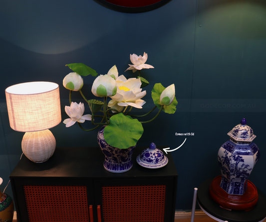 54CM Tall Artificial Flower Arrangement Realistic Lotus In Blue & White Ginger Jar (ARCM1)