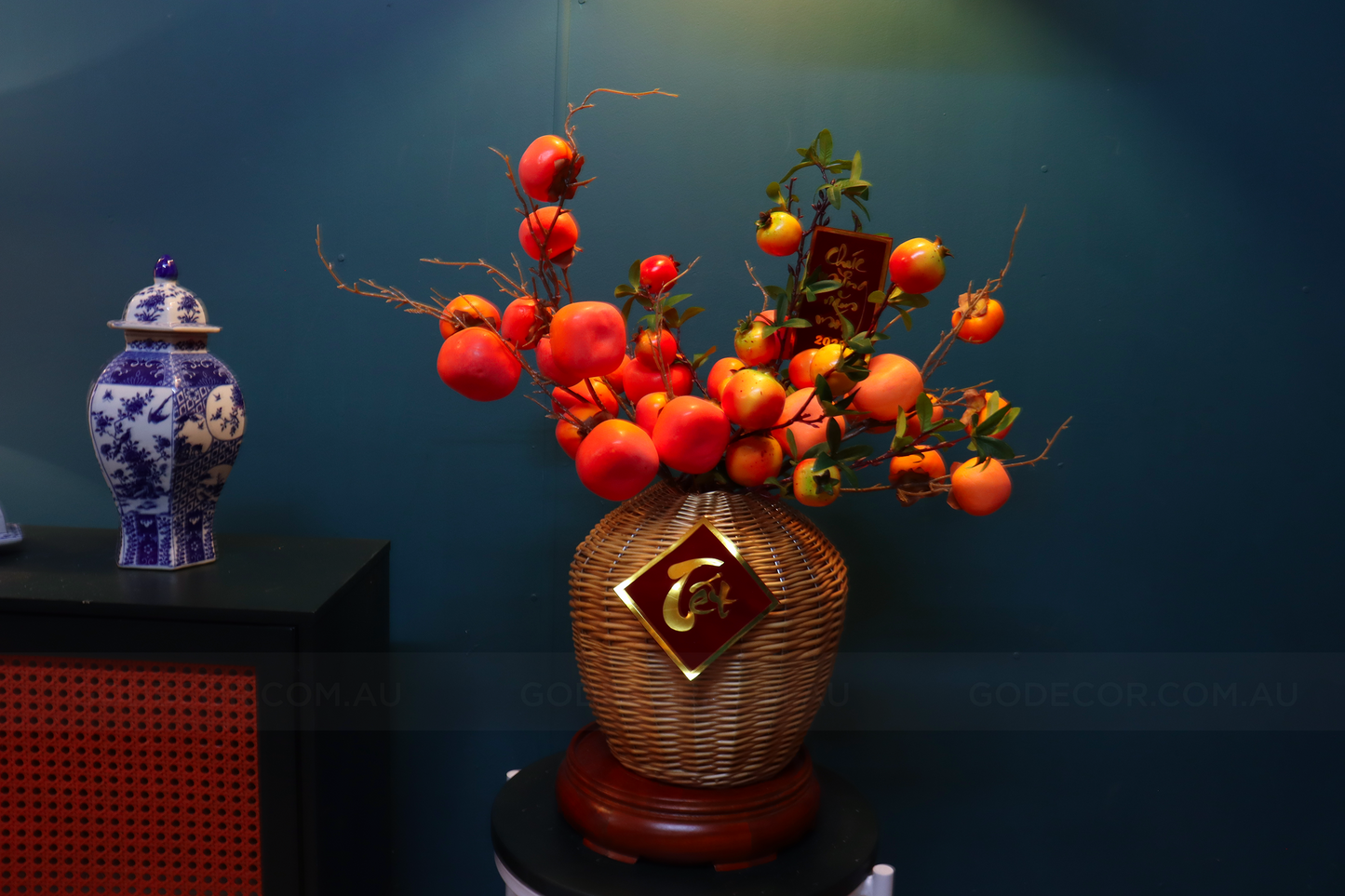 60CM Artificial Flower Realistic Persimmon And Pomegranate Branches In Rattan Vase(ARCF1)