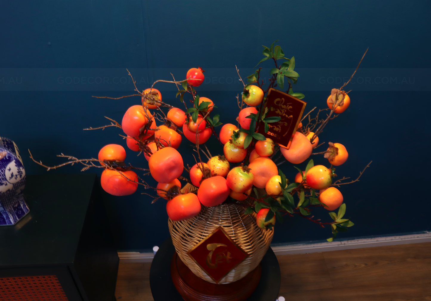 60CM Artificial Flower Realistic Persimmon And Pomegranate Branches In Rattan Vase(ARCF1)