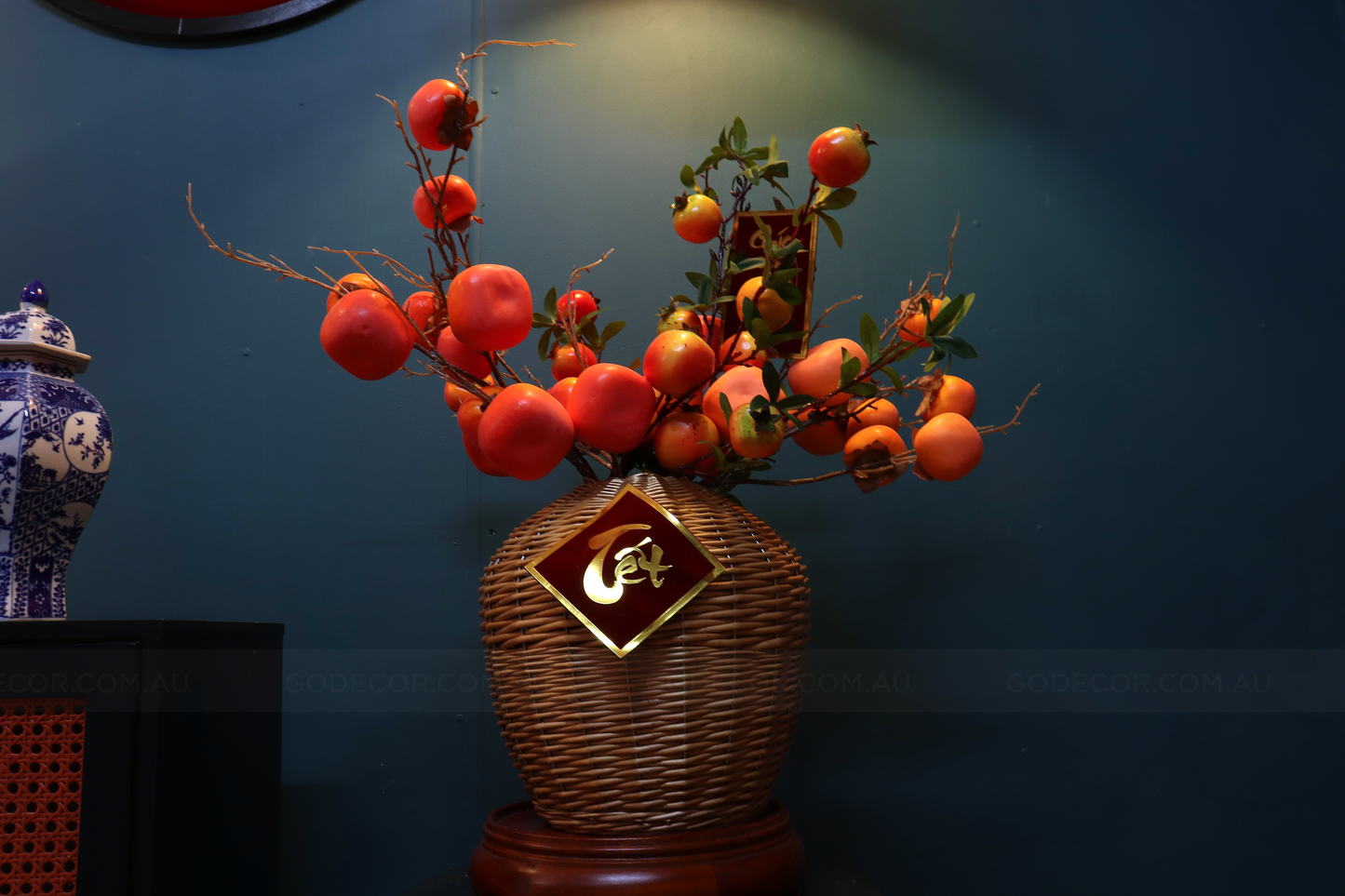 60CM Artificial Flower Realistic Persimmon And Pomegranate Branches In Rattan Vase(ARCF1)