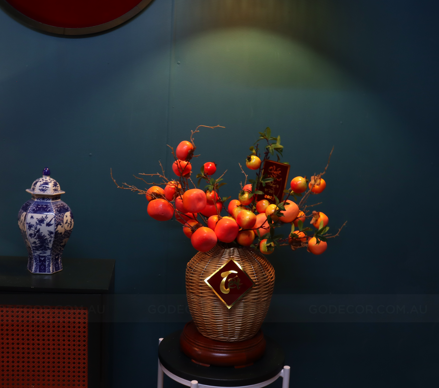 60CM Artificial Flower Realistic Persimmon And Pomegranate Branches In Rattan Vase(ARCF1)