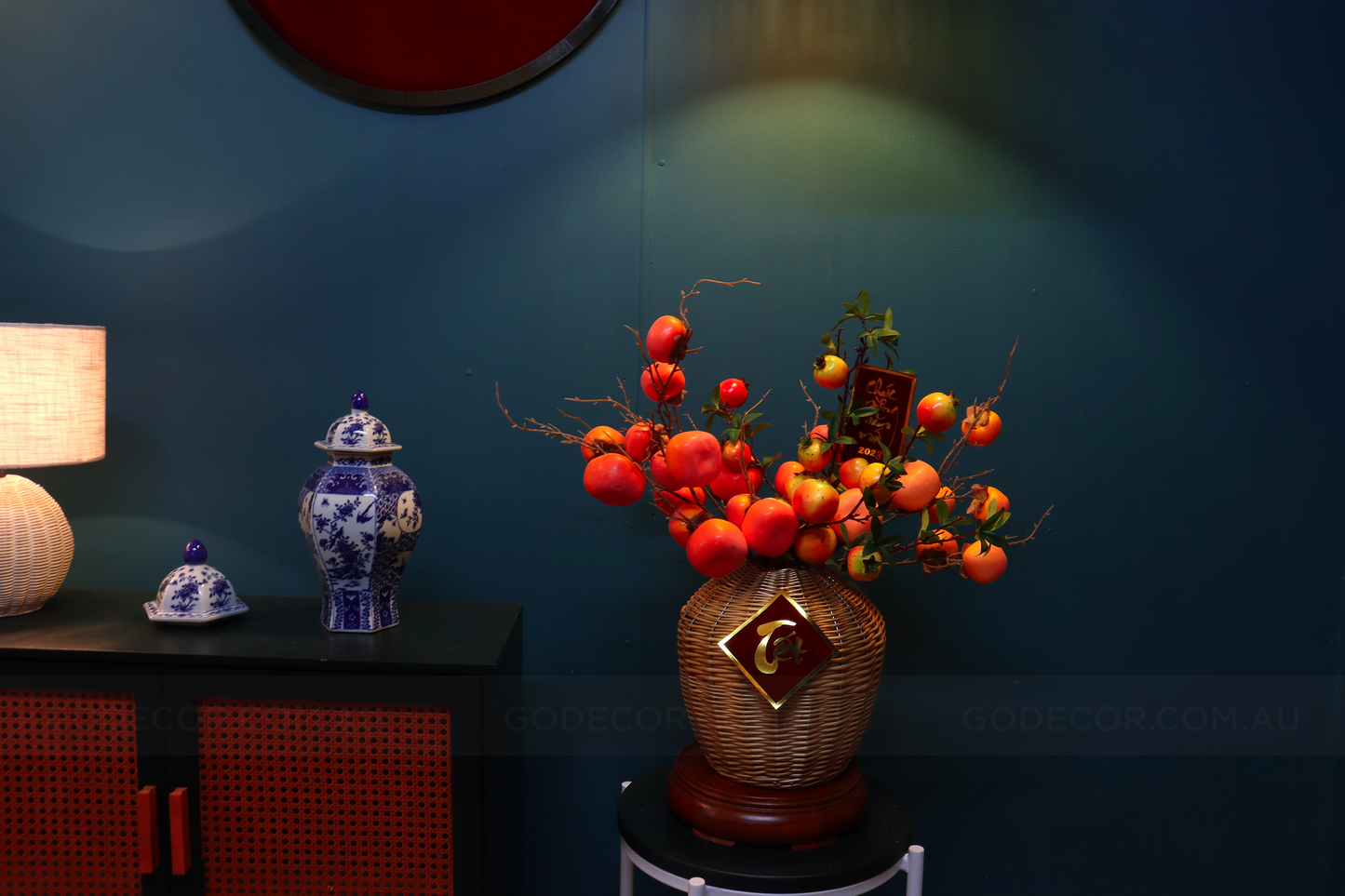 60CM Artificial Flower Realistic Persimmon And Pomegranate Branches In Rattan Vase(ARCF1)