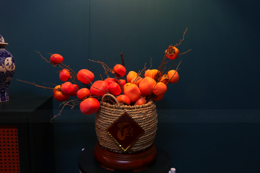 54CM Tall Artificial Flower Arrangement Realistic Persimmon In Rattan Basket (ARBA1)