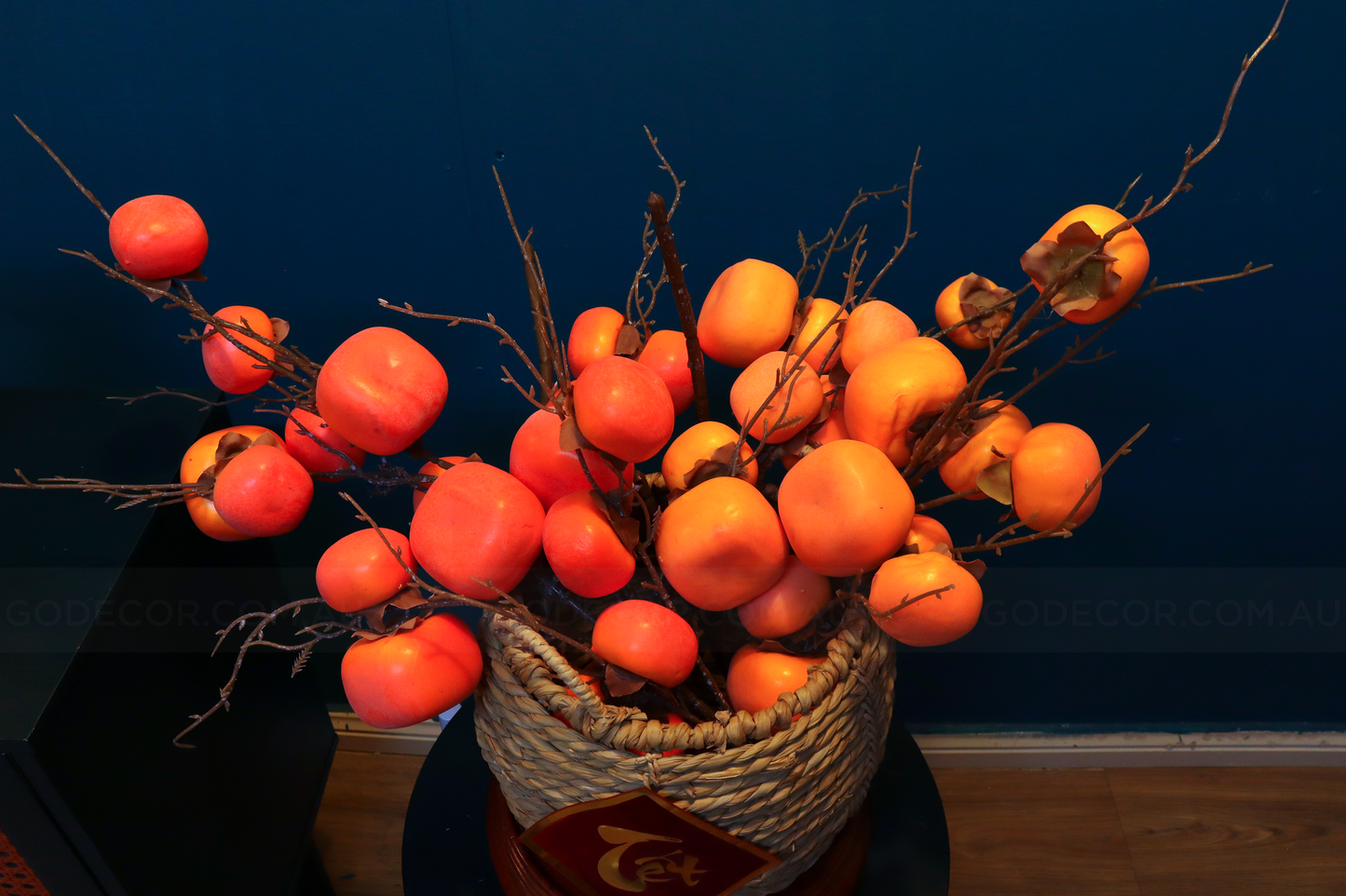 54CM Tall Artificial Flower Arrangement Realistic Persimmon In Rattan Basket (ARBA1)