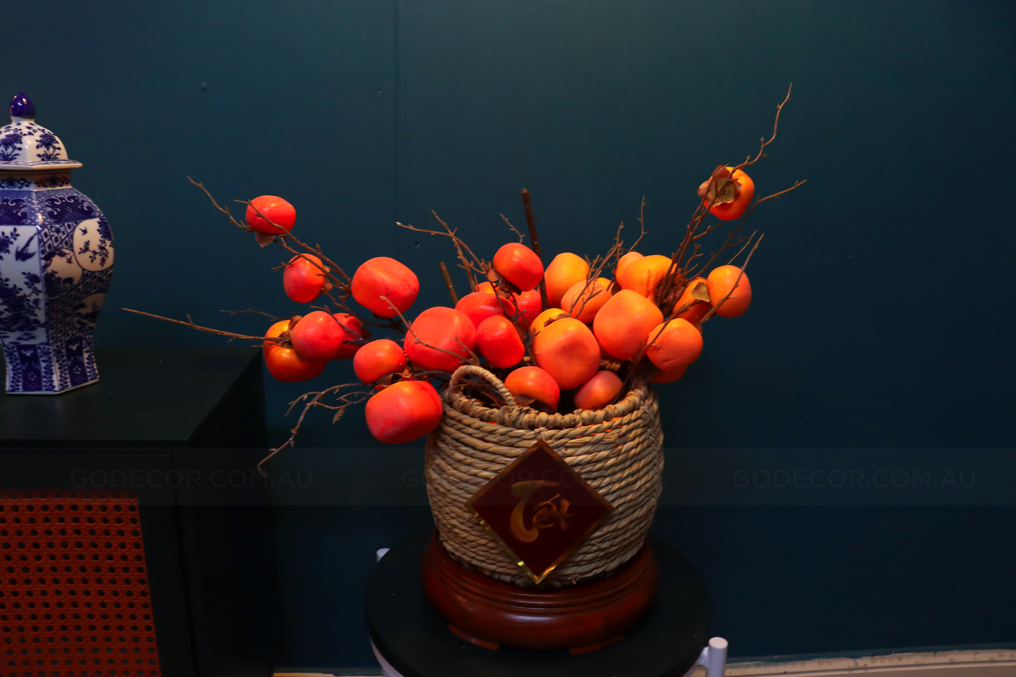 54CM Tall Artificial Flower Arrangement Realistic Persimmon In Rattan Basket (ARBA1)