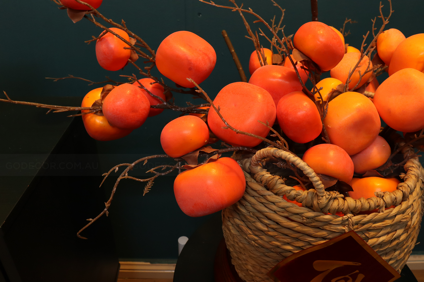 54CM Tall Artificial Flower Arrangement Realistic Persimmon In Rattan Basket (ARBA1)