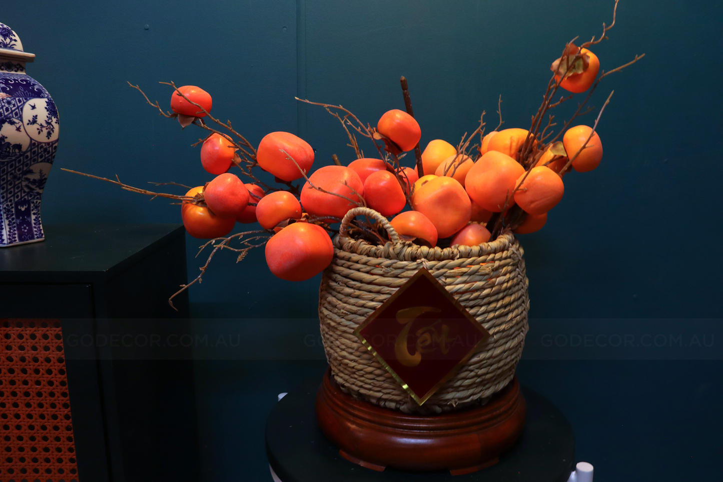 54CM Tall Artificial Flower Arrangement Realistic Persimmon In Rattan Basket (ARBA1)