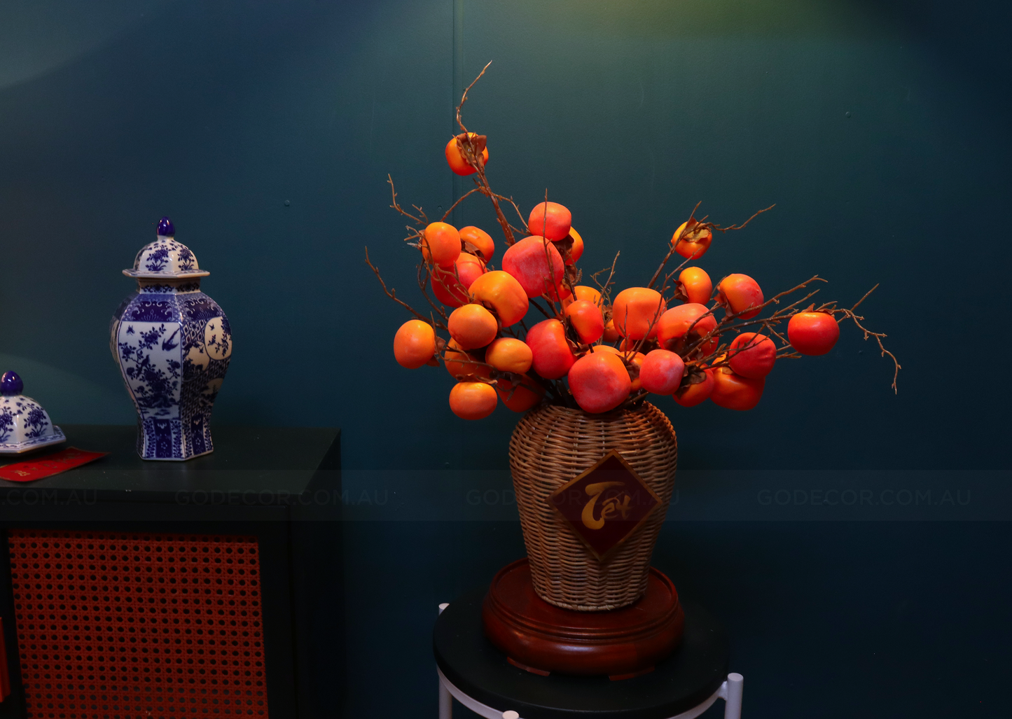 54CM Tall Artificial Flower Arrangement Realistic Persimmon Branches In Rattan Vase (ARCG1)
