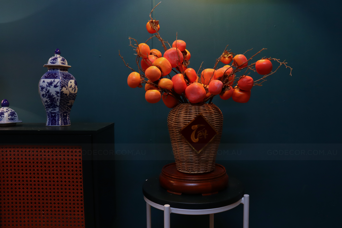 54CM Tall Artificial Flower Arrangement Realistic Persimmon Branches In Rattan Vase (ARCG1)