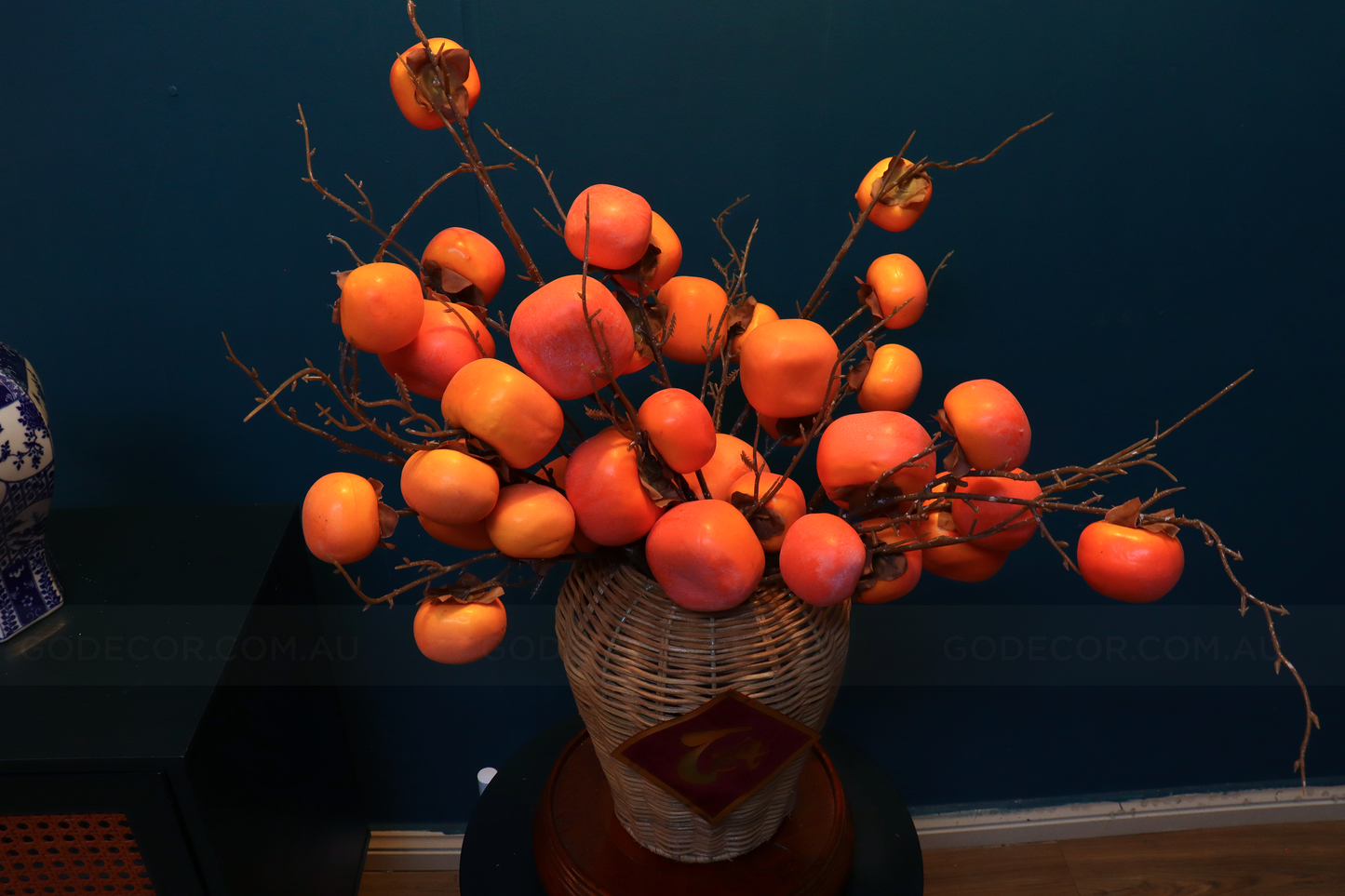 54CM Tall Artificial Flower Arrangement Realistic Persimmon Branches In Rattan Vase (ARCG1)