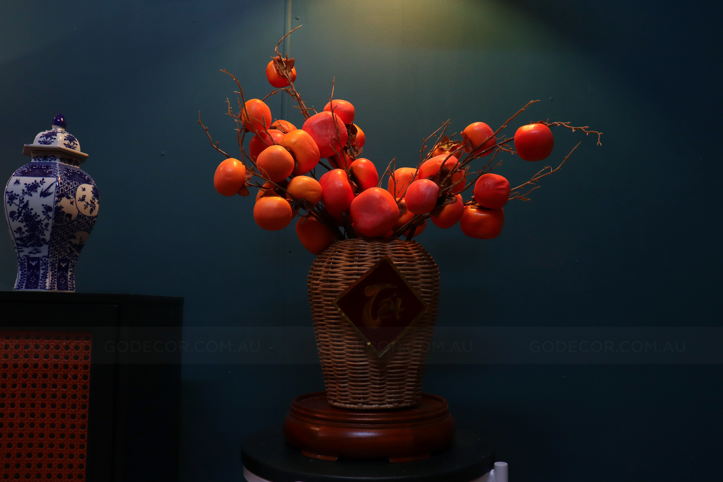 54CM Tall Artificial Flower Arrangement Realistic Persimmon Branches In Rattan Vase (ARCG1)