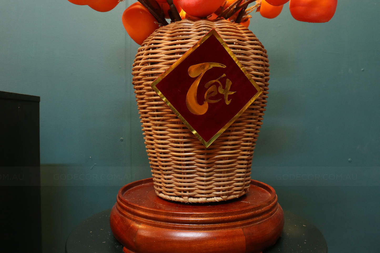54CM Tall Artificial Flower Arrangement Realistic Persimmon Branches In Rattan Vase (ARCG1)