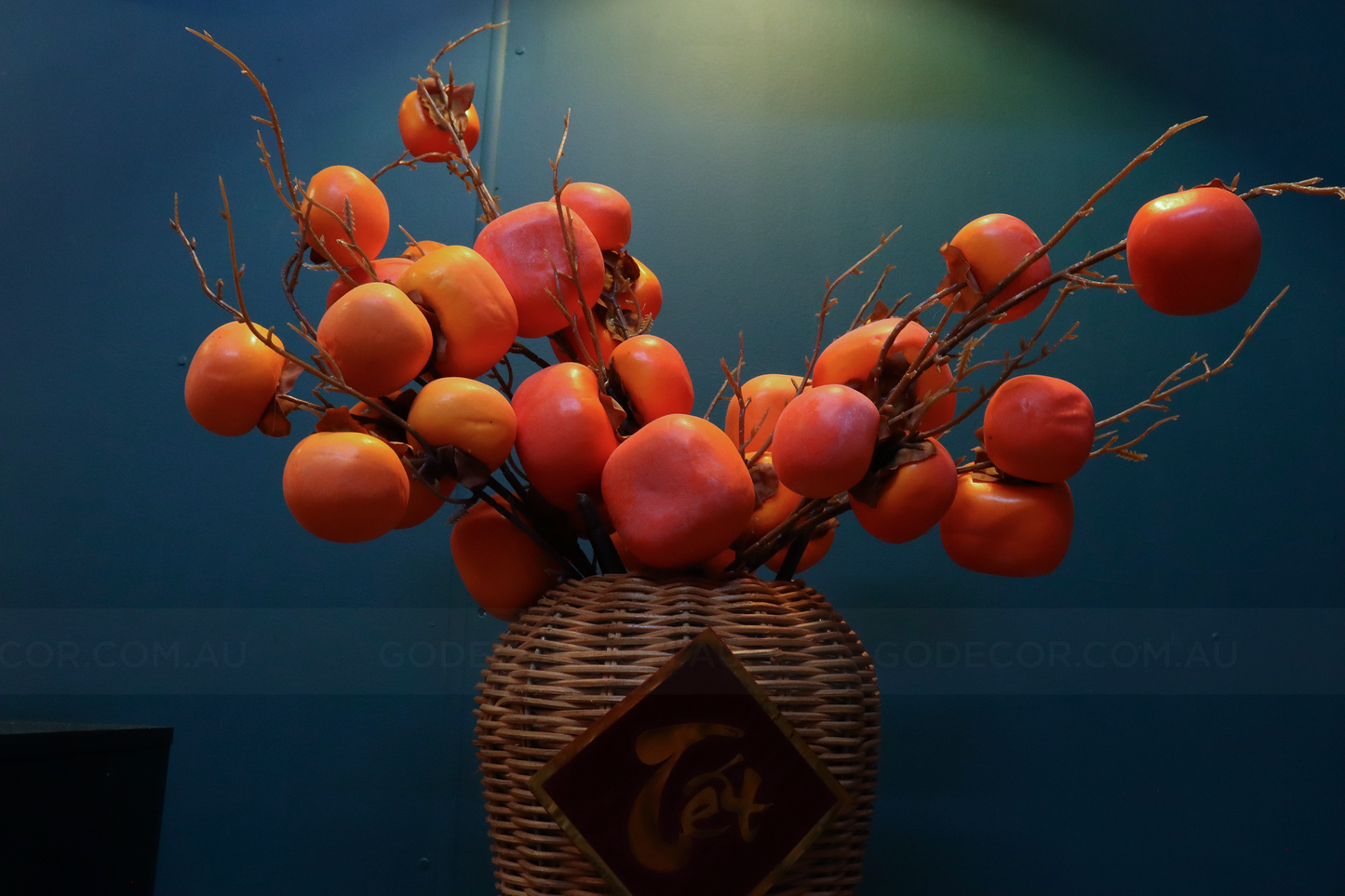 54CM Tall Artificial Flower Arrangement Realistic Persimmon Branches In Rattan Vase (ARCG1)