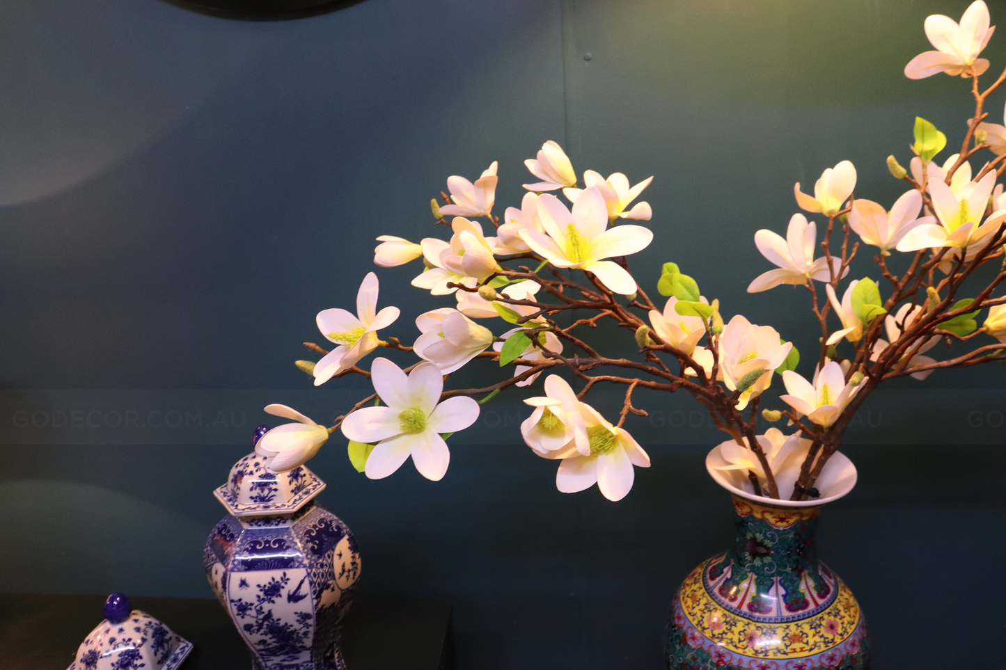 80CM Tall Artificial flower Arrangement White Magnolia In Chinese Pattern Vase (ARCJ1)