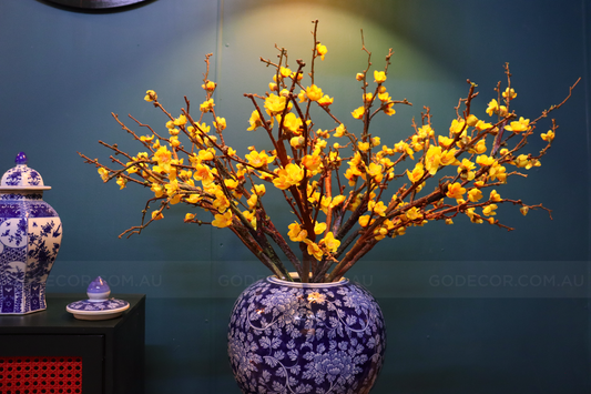 76CM Artificial Flower Yellow Plum Blossom In Round Blue & White Chinese Pattern Jar (ARCS1)