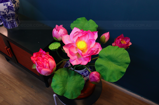 Artificial Flower Bunch Of Lotus In Blue & White Chinese Pattern Jar (ARCV1)