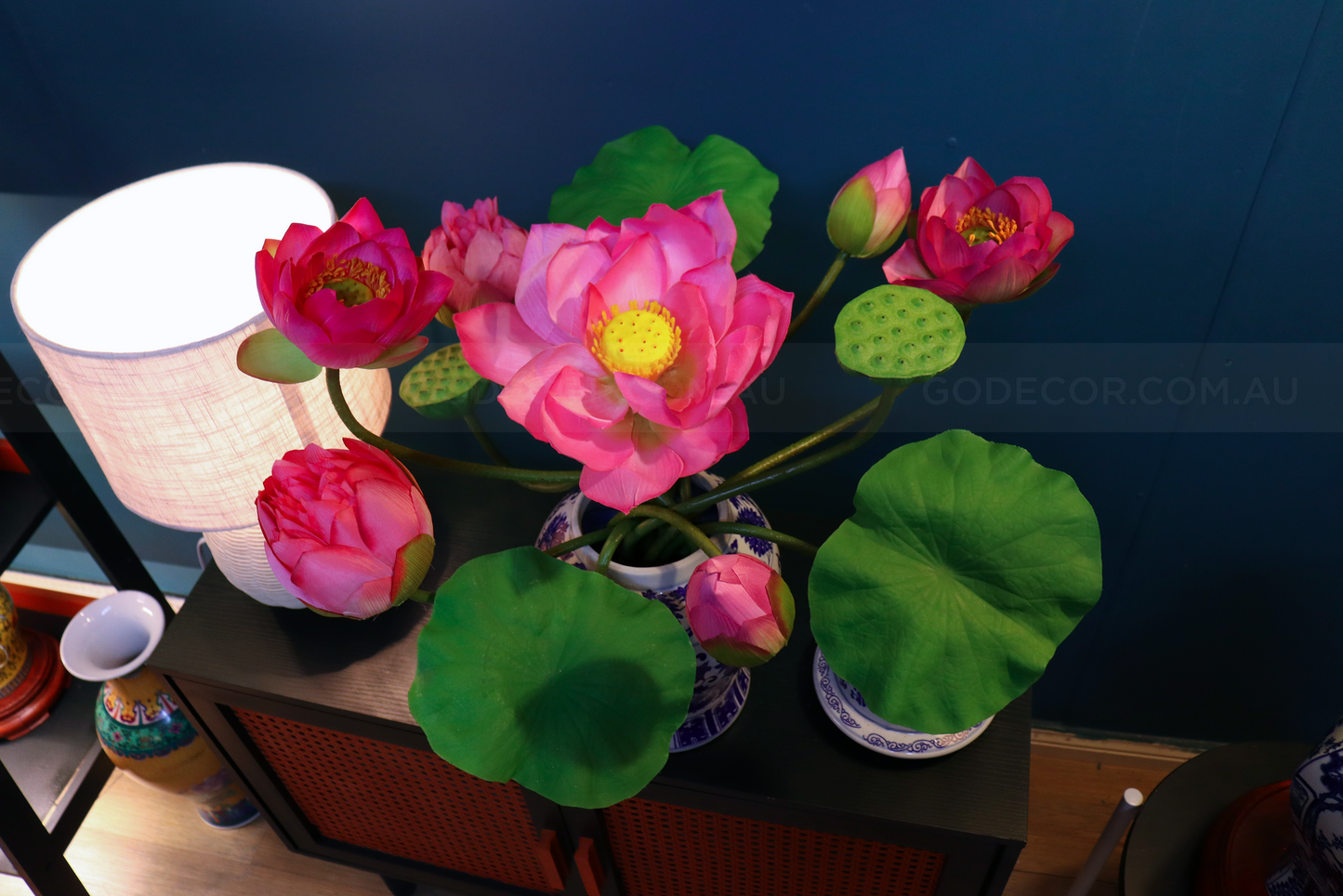 Artificial Flower Bunch Of Lotus In Blue & White Chinese Pattern Jar (ARCV1)