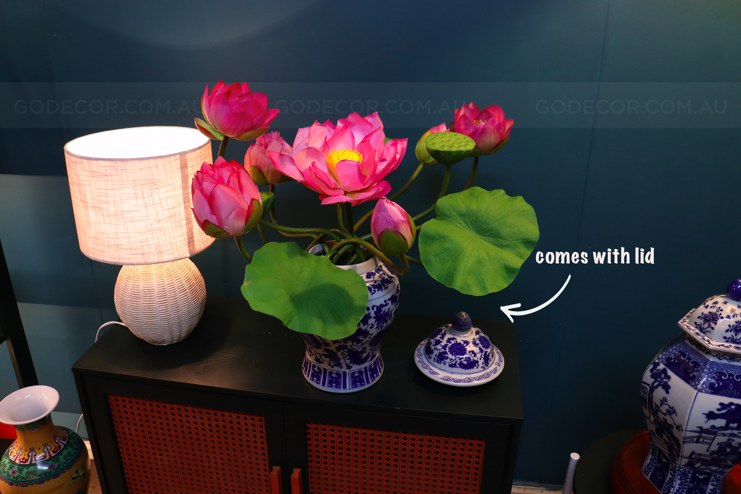 Artificial Flower Bunch Of Lotus In Blue & White Chinese Pattern Jar (ARCV1)