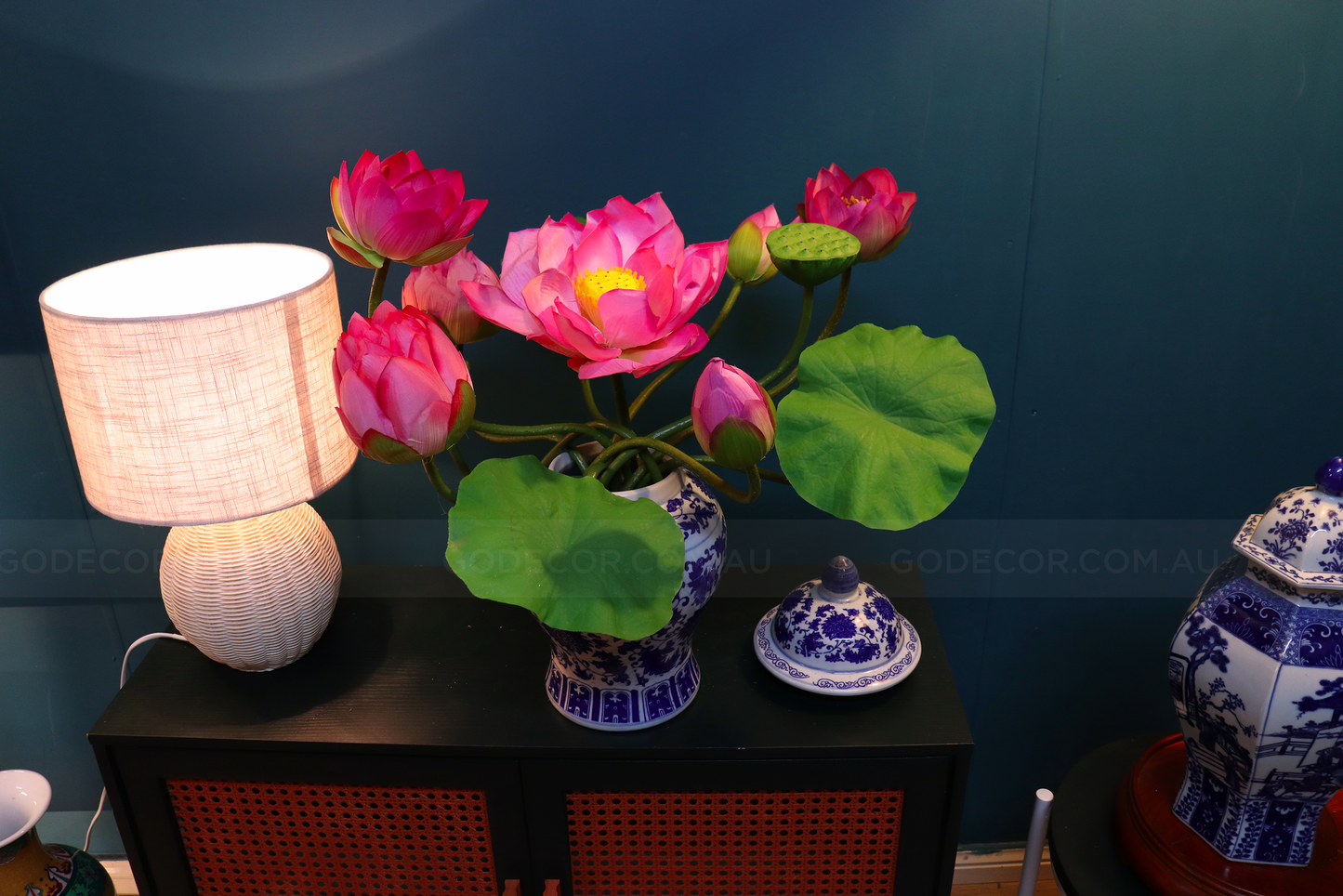 Artificial Flower Bunch Of Lotus In Blue & White Chinese Pattern Jar (ARCV1)