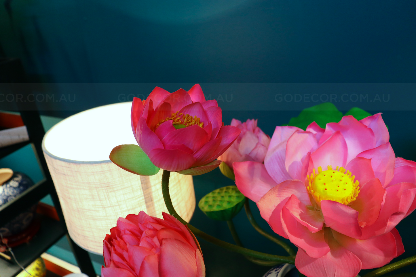 Artificial Flower Bunch Of Lotus In Blue & White Chinese Pattern Jar (ARCV1)