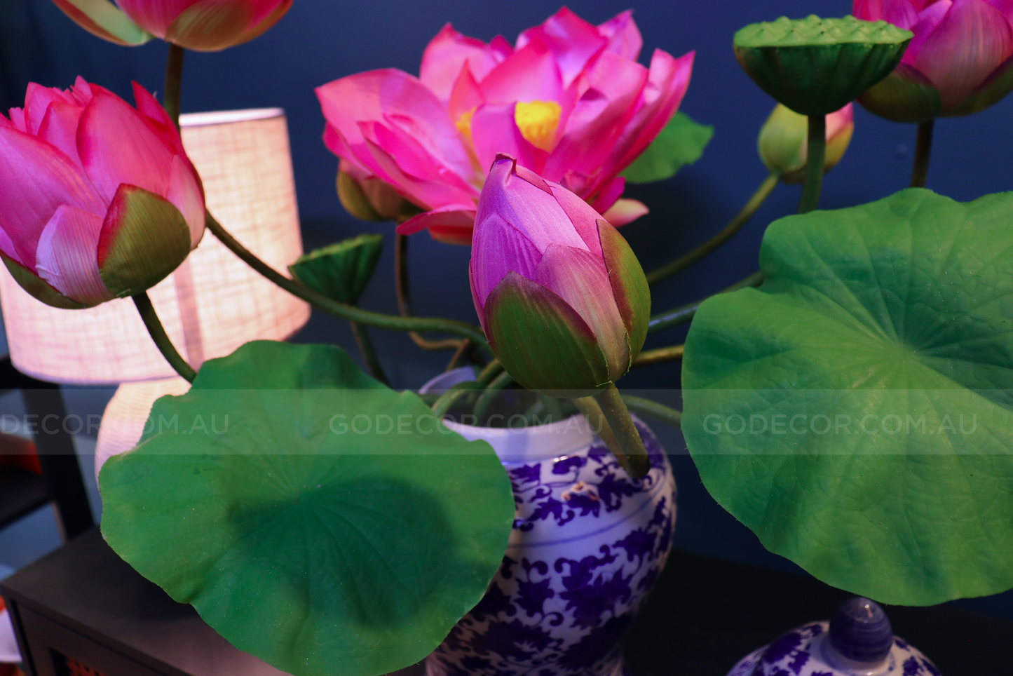 Artificial Flower Bunch Of Lotus In Blue & White Chinese Pattern Jar (ARCV1)