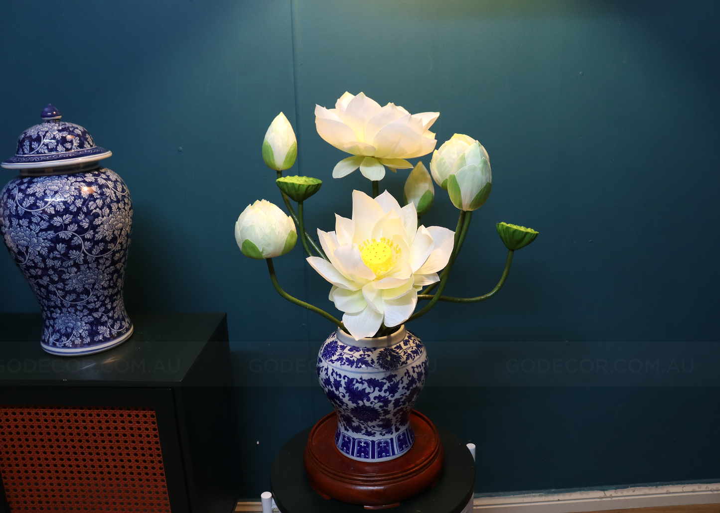 Artificial Flower White Lotus And Fruits Arrangement In Blue & White Chinese Pattern Ginger Jar (ARCV1)