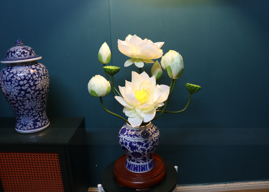 Artificial Flower White Lotus And Fruits Arrangement In Blue & White Chinese Pattern Ginger Jar (ARCV1)