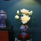 Artificial Flower White Lotus And Fruits Arrangement In Blue & White Chinese Pattern Ginger Jar (ARCV1)