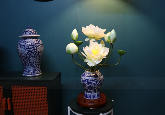 Artificial Flower White Lotus And Fruits Arrangement In Blue & White Chinese Pattern Ginger Jar (ARCV1)