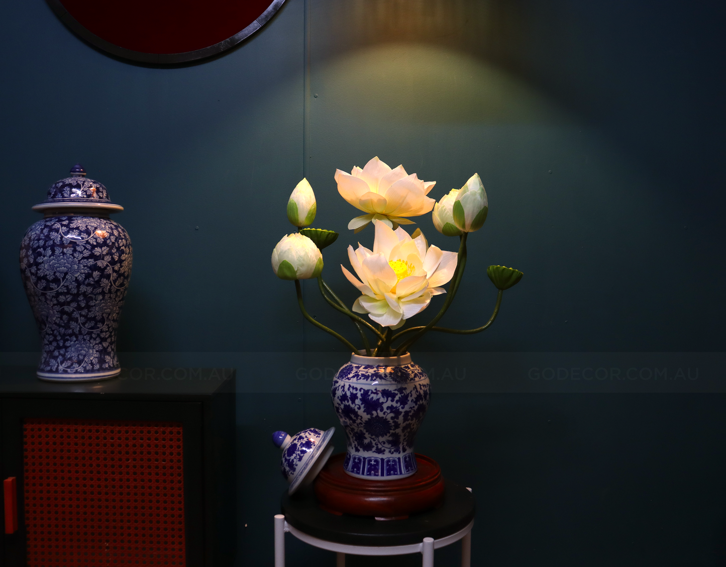 Artificial Flower White Lotus And Fruits Arrangement In Blue & White Chinese Pattern Ginger Jar (ARCV1)
