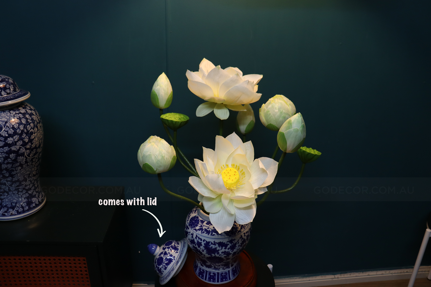 Artificial Flower White Lotus And Fruits Arrangement In Blue & White Chinese Pattern Ginger Jar (ARCV1)