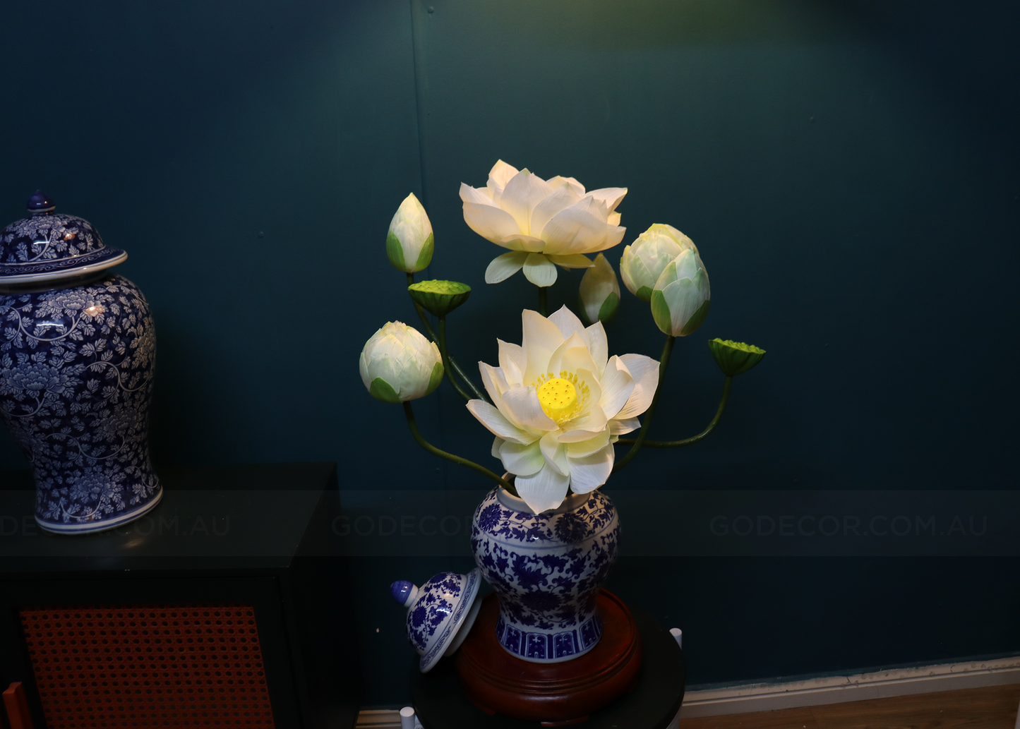 Artificial Flower White Lotus And Fruits Arrangement In Blue & White Chinese Pattern Ginger Jar (ARCV1)
