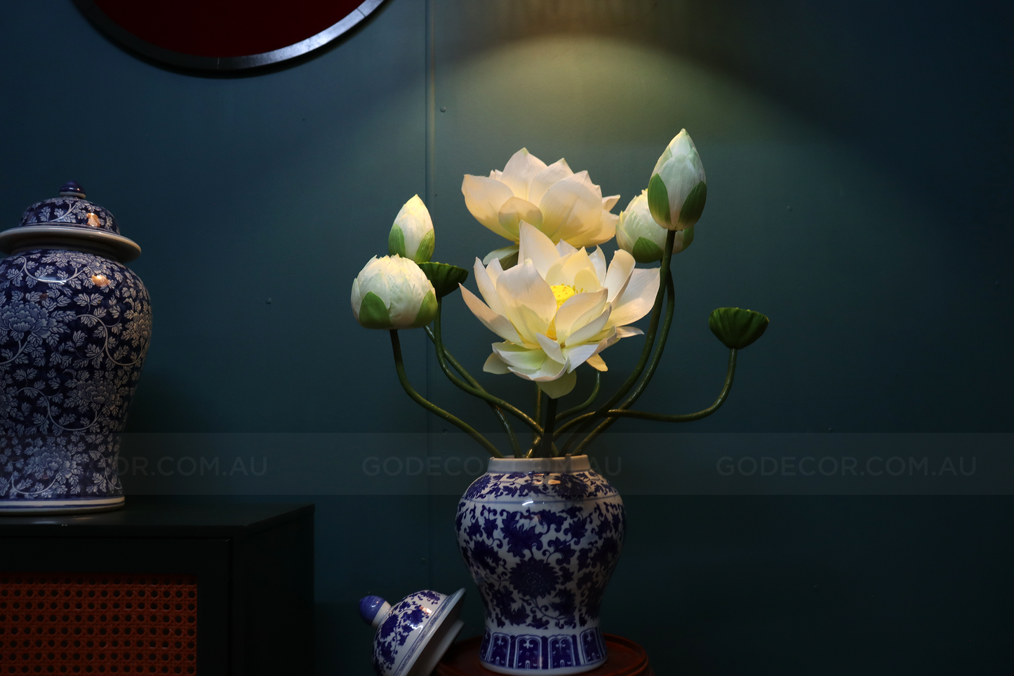 Artificial Flower White Lotus And Fruits Arrangement In Blue & White Chinese Pattern Ginger Jar (ARCV1)