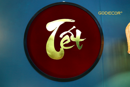 Tet Red Velvet Fabric With Gold In Wooden Round Sign Decoration