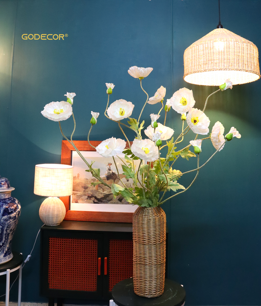 Large Artifical Flower Poppy Flowers in Rattan Vase (ARCX1)