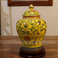 50CM Tall Artificial Flower Arrangement Realistic Plum Blossom In Yellow Chinese Pattern Jar (ARAA1)